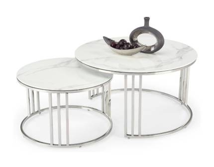 Set 2 masute MERCURY 2 din sticla cu efect de marmura alba, metal crom 80xH45cm / 60xH38cm