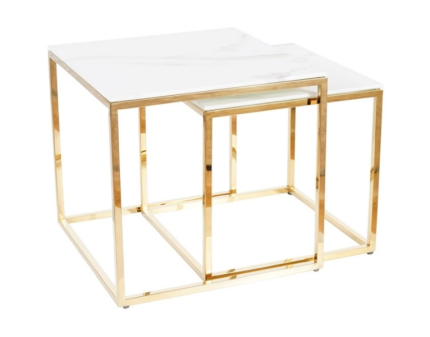 Set 2 masute GLORIA din sticla cu efect de marmura alba, metal auriu 45x45xH43cm / 40x40xH38cm