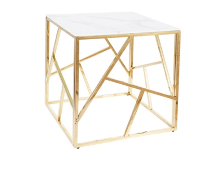 Masuta ESCADA B II din sticla cu efect de marmura alba, metal auriu 55x55xH55cm