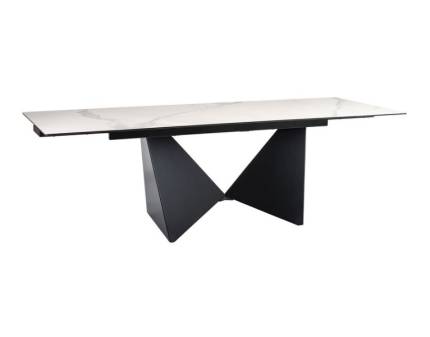 Masa extensibila PETERSON CERAMIC din ceramica cu efect de marmura alba Italian Statuario Venato si sticla securizata, metal negru 160-240x90xH76cm