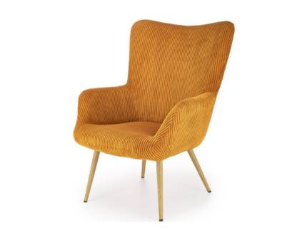 Fotoliu AMARO material plusat-raiat curry, picioare nuanta lemnului, design scandinav 70x80xH97cm 