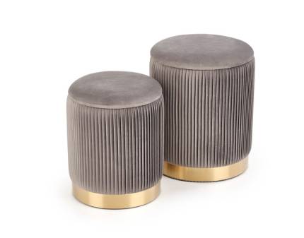 Set 2 tabureti MONTY catifea gri, cadru auriu, cu spatiu pentru depozitare 44xH36cm / 38xH31cm