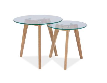 Set 2 masute OSLO S2 din sticla, lemn stejar 50xH45cm / 40xH40cm