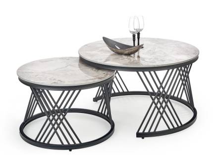 Set 2 masute FLAMINGO Grey din piatra sinterizata cu efect de marmura gri, metal negru 60xH40cm / 80xH46cm