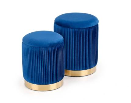 Set 2 tabureti MONTY catifea albastra, cadru auriu, cu spatiu pentru depozitare 44xH36cm / 38xH31cm