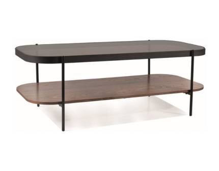 Masuta PRIMA A din sticla securizata chihlimbar, MDF + furnir natural nuc, metal negru 120x58xH43cm