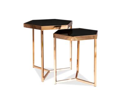 Set 2 masute MILOS GOLD din sticla neagra, cadru metalic cupru lucios 41x36xH44cm / 48x42xH50cm