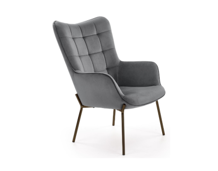 Fotoliu CASTEL catifea gri, picioare aurii, spatar inalt, design clasic 71x79xH97cm