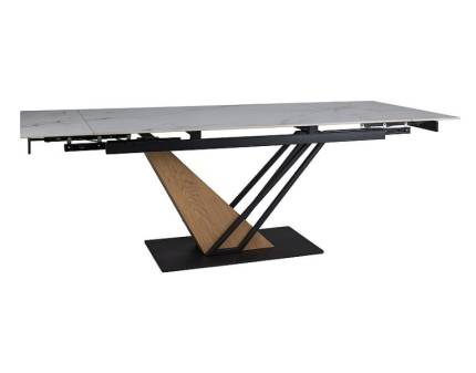 Masa extensibila GENESIS WHITE din ceramica cu efect de marmura alba, MDF cu furnir lemn si metal negru 160-220x90xH75cm