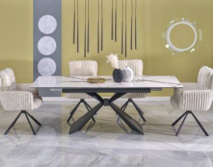 Masa extensibila LUCIANO CERAMIC WHITE din ceramica cu efect de marmura alba, metal negru 180-230x90xH76cm